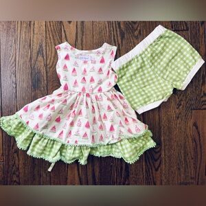 Sweet Watermelon Print Green Gingham Girls Dress Set 🍉